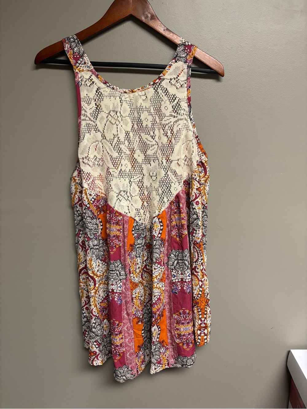 Free People Cream Lace Yoke Paisley Patchwork Tank in Pink & Orange